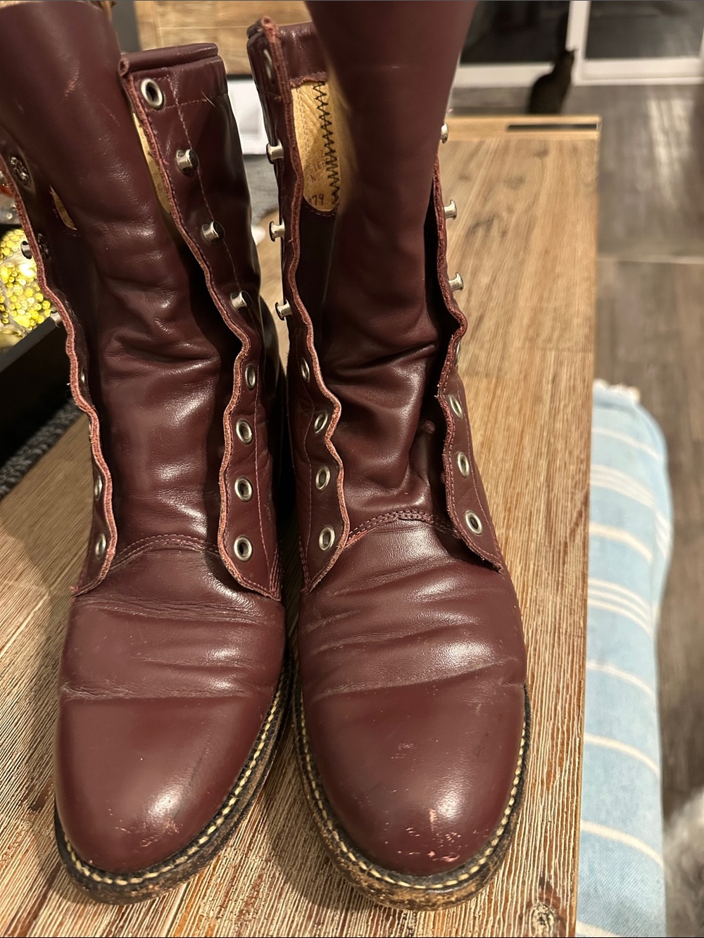 Justin Leather Cowboy Boots - Burgundy and Tan